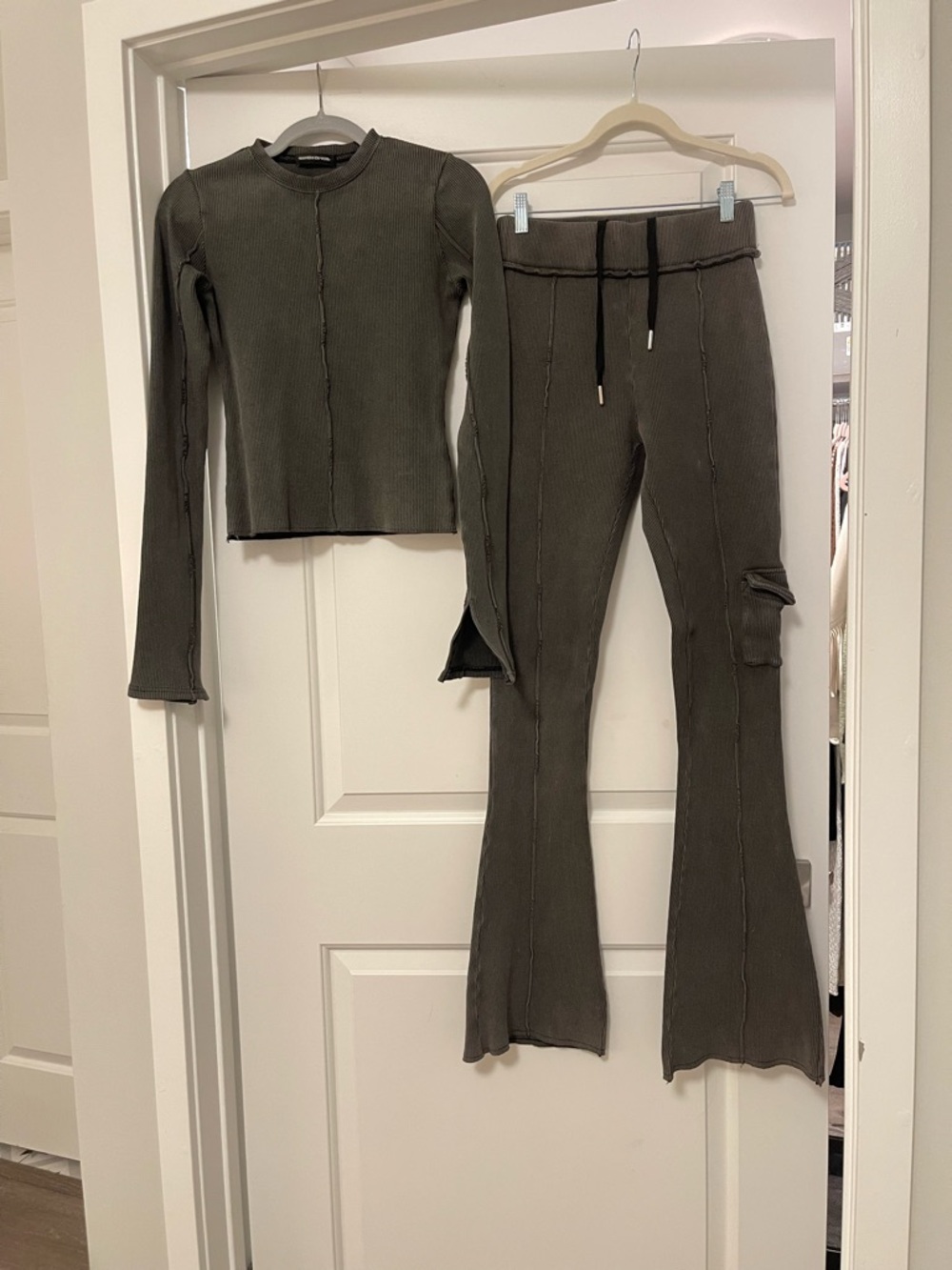 Maniere De Voir Olive Ribbed Flare Cargo Two-Piece Set